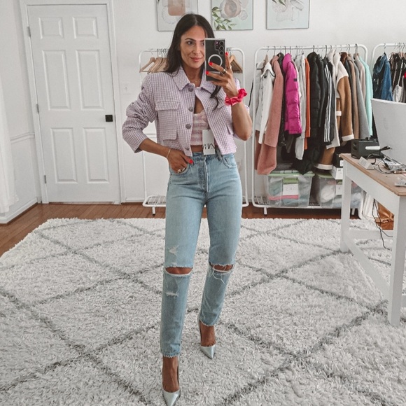 Zara purple/white checkered cropped blazer NWT - Picture 2 of 10